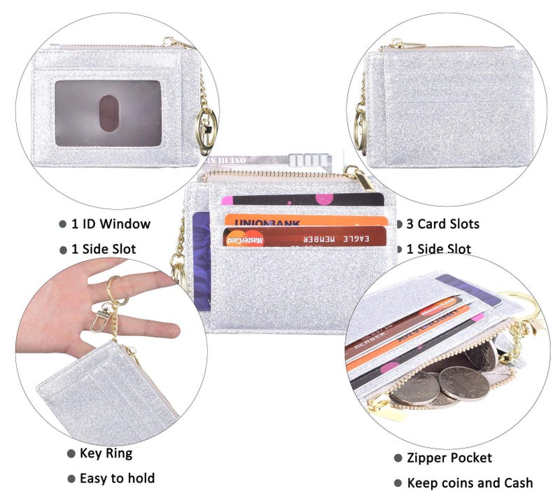 woogwin Slim RFID Credit Card Holder for Women Mini Front Pocket Wallet Purse With Keychain(Star Sliver) - Image 4